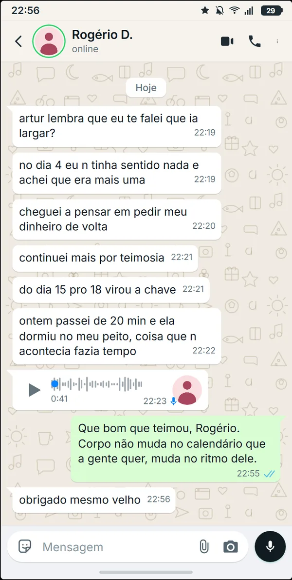 Print de WhatsApp: aluno conta que chegou a pensar em pedir o dinheiro de volta no dia 4 e que do dia 15 pro 18 virou a chave